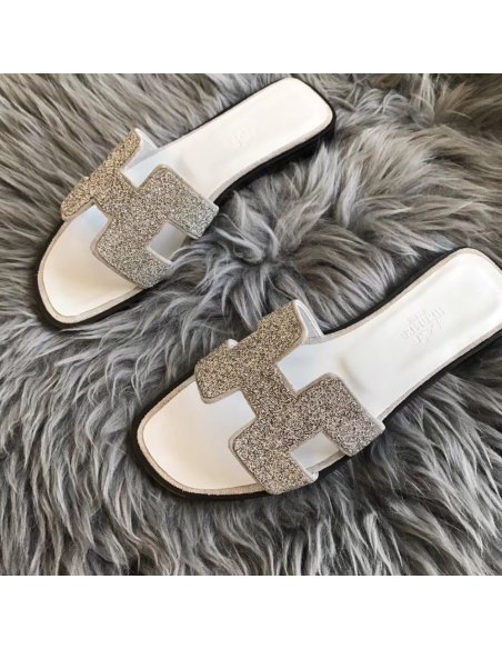 Cheap Reps Hermes Oran Slide Sandals In White Suede With Crystal