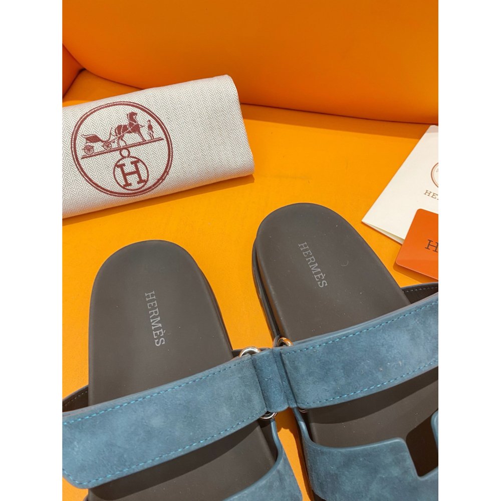 Cheap Reps Hermes Mens Chypre Sandals in Blue Suede Calfskin