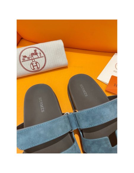 Cheap Reps Hermes Mens Chypre Sandals in Blue Suede Calfskin