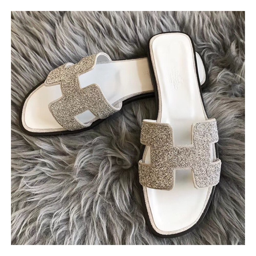 Cheap Reps Hermes Oran Slide Sandals In White Suede With Crystal