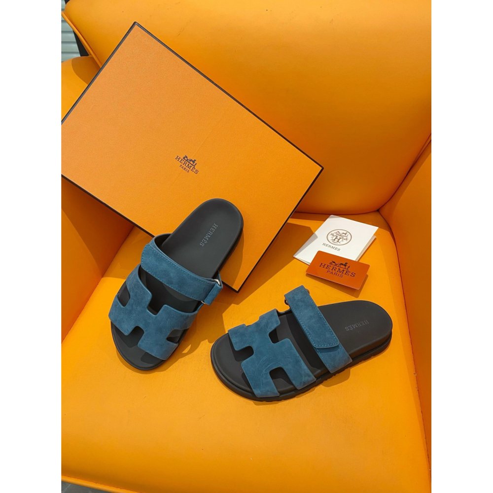 Cheap Reps Hermes Mens Chypre Sandals in Blue Suede Calfskin