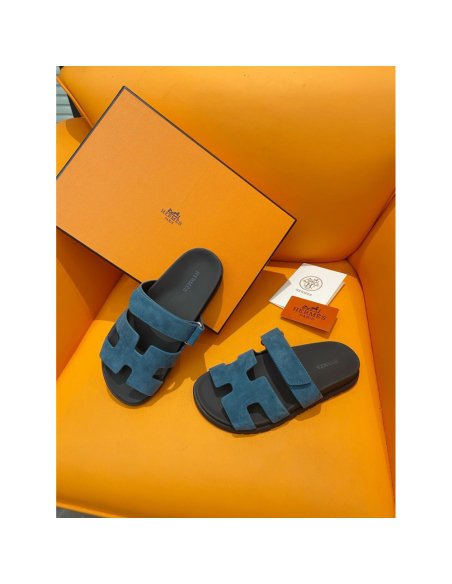 Cheap Reps Hermes Mens Chypre Sandals in Blue Suede Calfskin