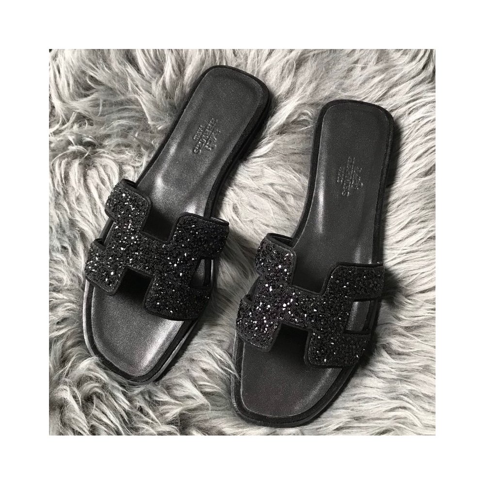 Cheap Reps Hermes Oran Slide Sandals In Black Suede With Black Crystal