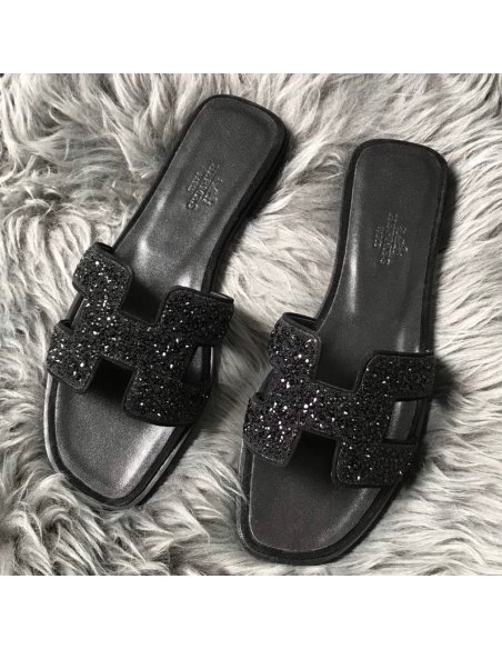 Cheap Reps Hermes Oran Slide Sandals In Black Suede With Black Crystal