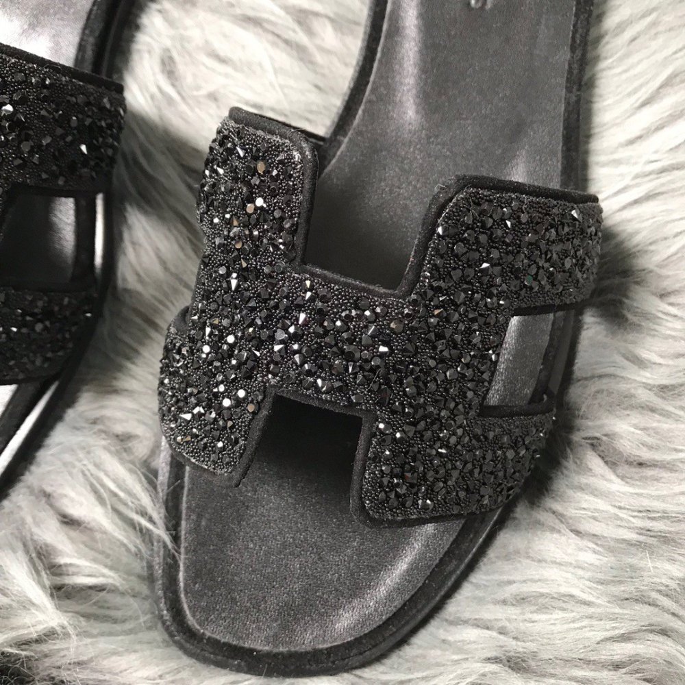 Cheap Reps Hermes Oran Slide Sandals In Black Suede With Black Crystal
