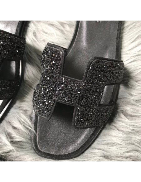 Cheap Reps Hermes Oran Slide Sandals In Black Suede With Black Crystal