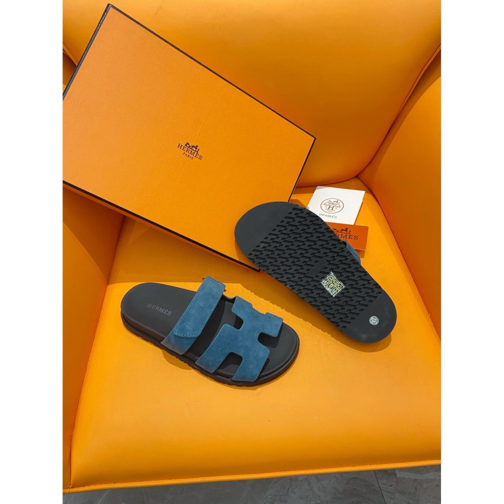 Cheap Reps Hermes Mens Chypre Sandals in Blue Suede Calfskin