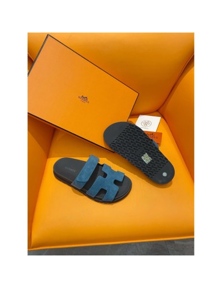 Cheap Reps Hermes Mens Chypre Sandals in Blue Suede Calfskin