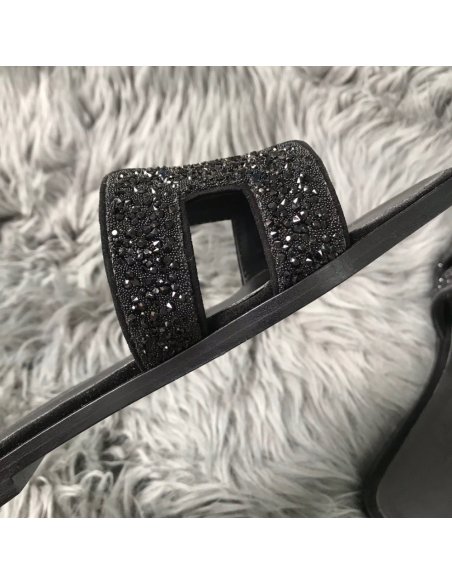Cheap Reps Hermes Oran Slide Sandals In Black Suede With Black Crystal