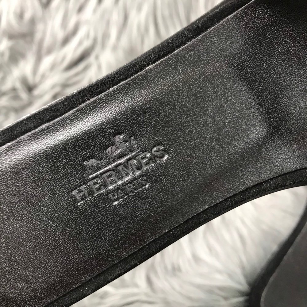 Cheap Reps Hermes Oran Slide Sandals In Black Suede With Black Crystal