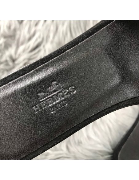 Cheap Reps Hermes Oran Slide Sandals In Black Suede With Black Crystal