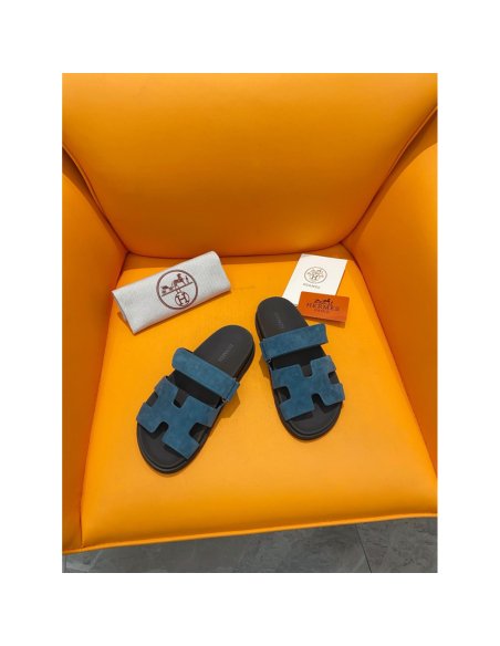Cheap Reps Hermes Mens Chypre Sandals in Blue Suede Calfskin