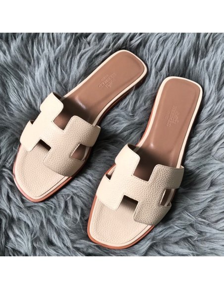 Cheap Reps Hermes Oran Slide Sandals In Beton Clemence Leather