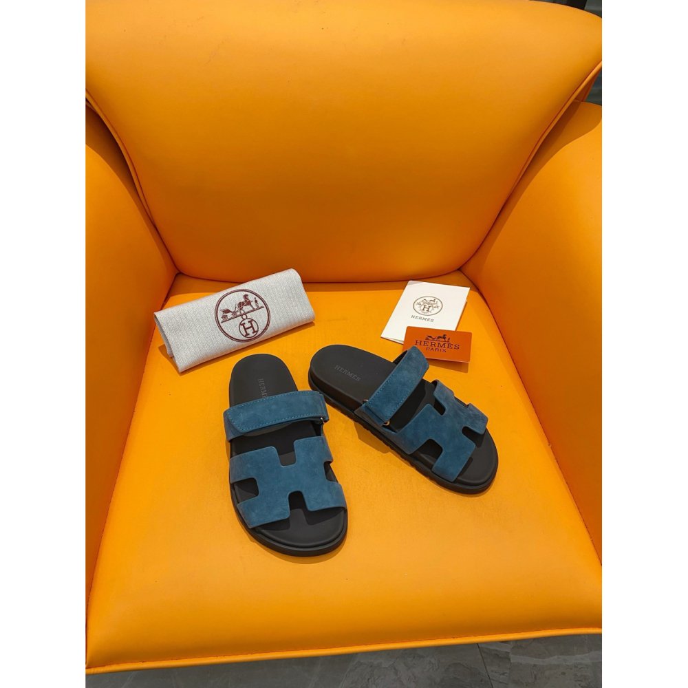 Cheap Reps Hermes Mens Chypre Sandals in Blue Suede Calfskin
