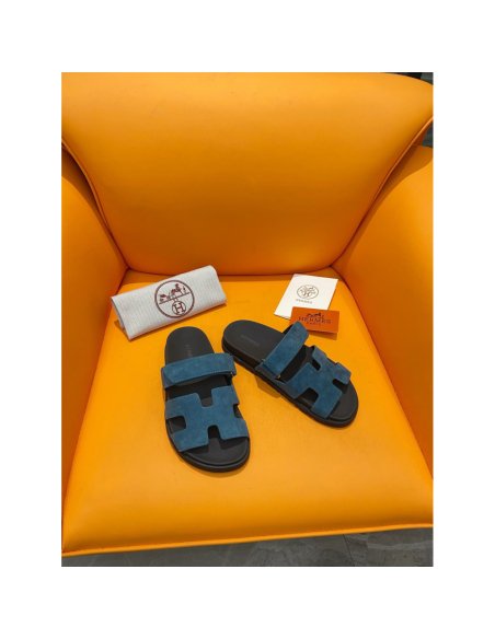 Cheap Reps Hermes Mens Chypre Sandals in Blue Suede Calfskin