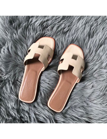Cheap Reps Hermes Oran Slide Sandals In Beton Clemence Leather