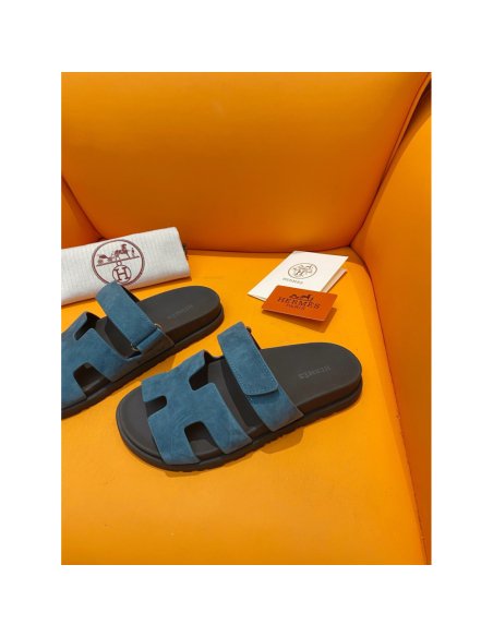 Cheap Reps Hermes Mens Chypre Sandals in Blue Suede Calfskin