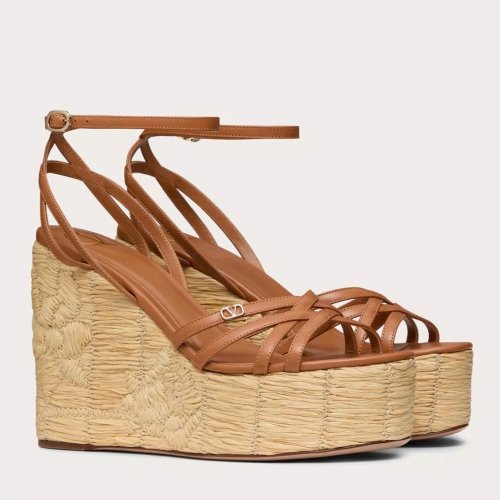 Cheap Reps Valentino Raflower Wedge Sandals in Brown Calfskin