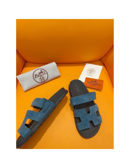 Cheap Reps Hermes Mens Chypre Sandals in Blue Suede Calfskin
