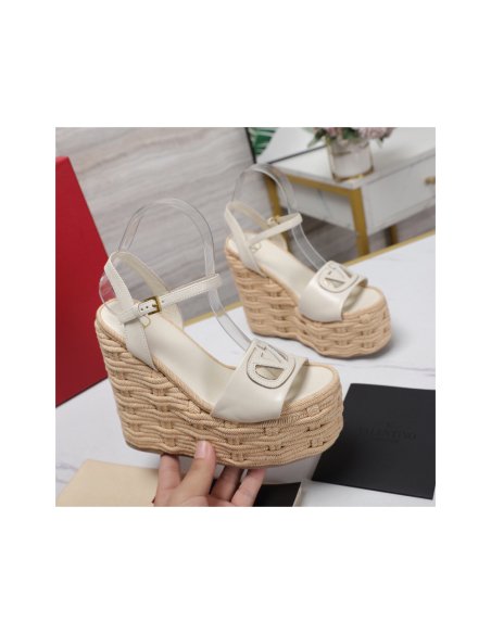 Cheap Reps Valentino VLogo Cut-out Espadrille Wedge Sandals in White Leather