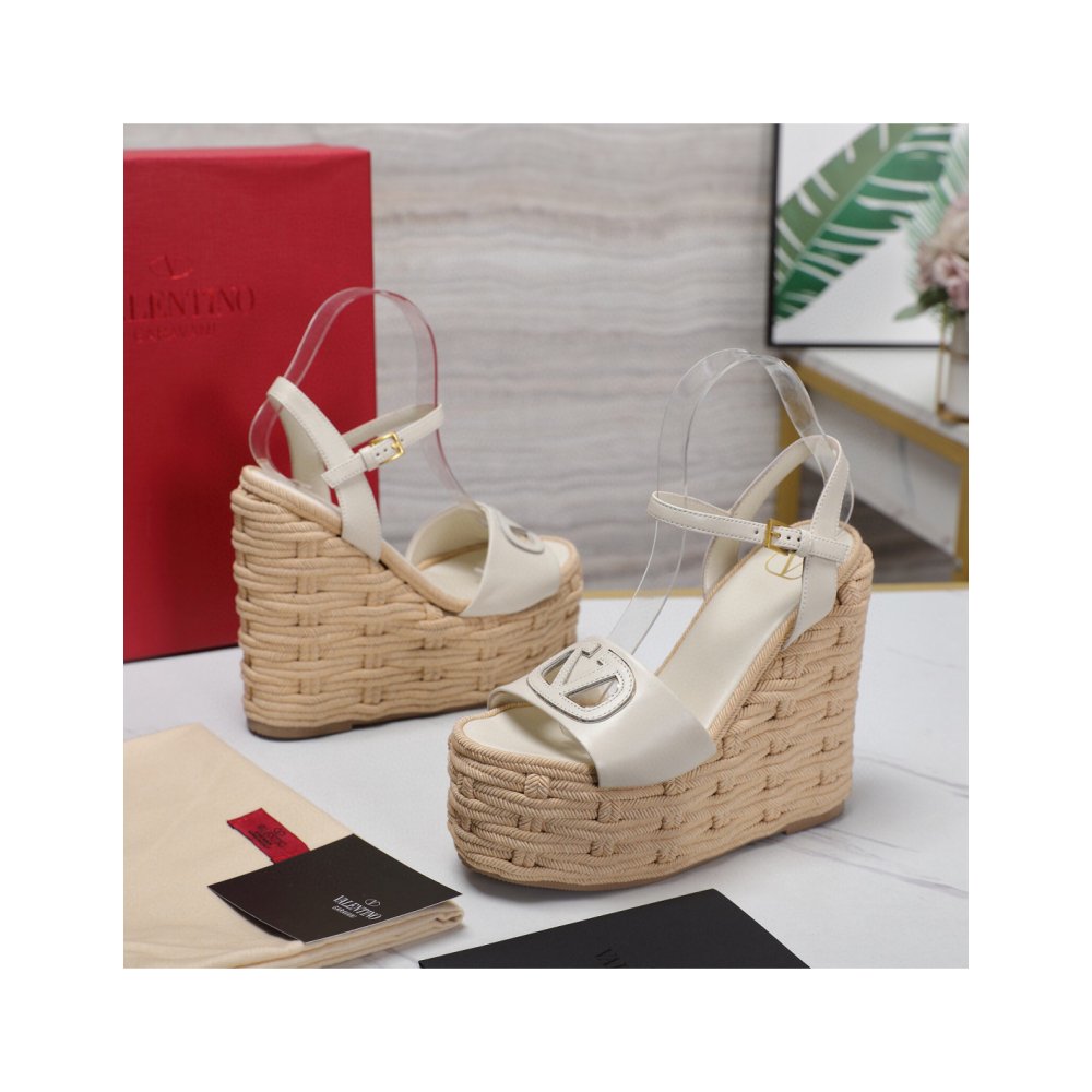 Cheap Reps Valentino VLogo Cut-out Espadrille Wedge Sandals in White Leather