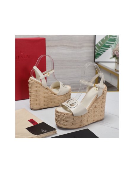 Cheap Reps Valentino VLogo Cut-out Espadrille Wedge Sandals in White Leather