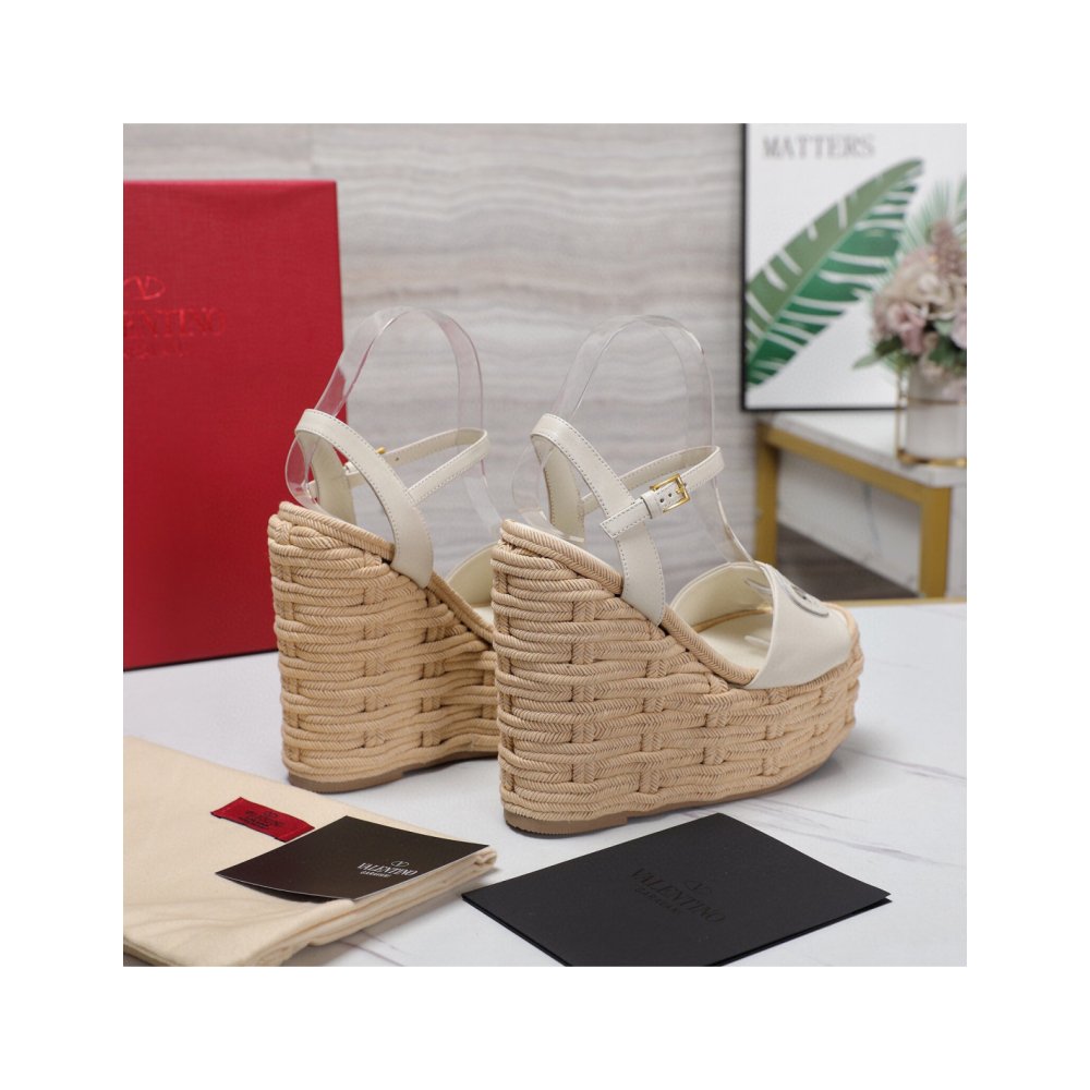 Cheap Reps Valentino VLogo Cut-out Espadrille Wedge Sandals in White Leather