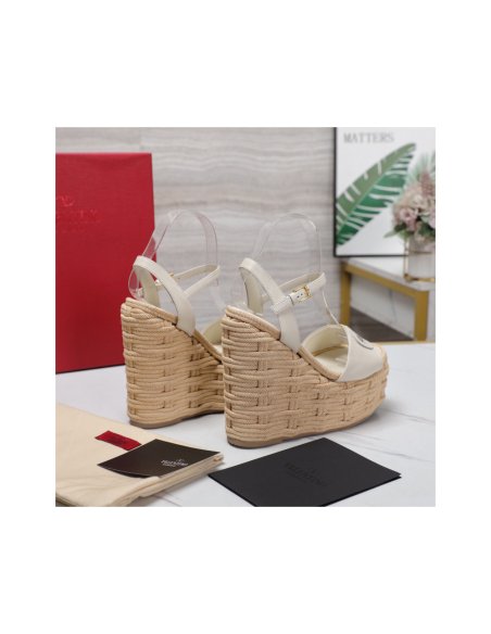 Cheap Reps Valentino VLogo Cut-out Espadrille Wedge Sandals in White Leather