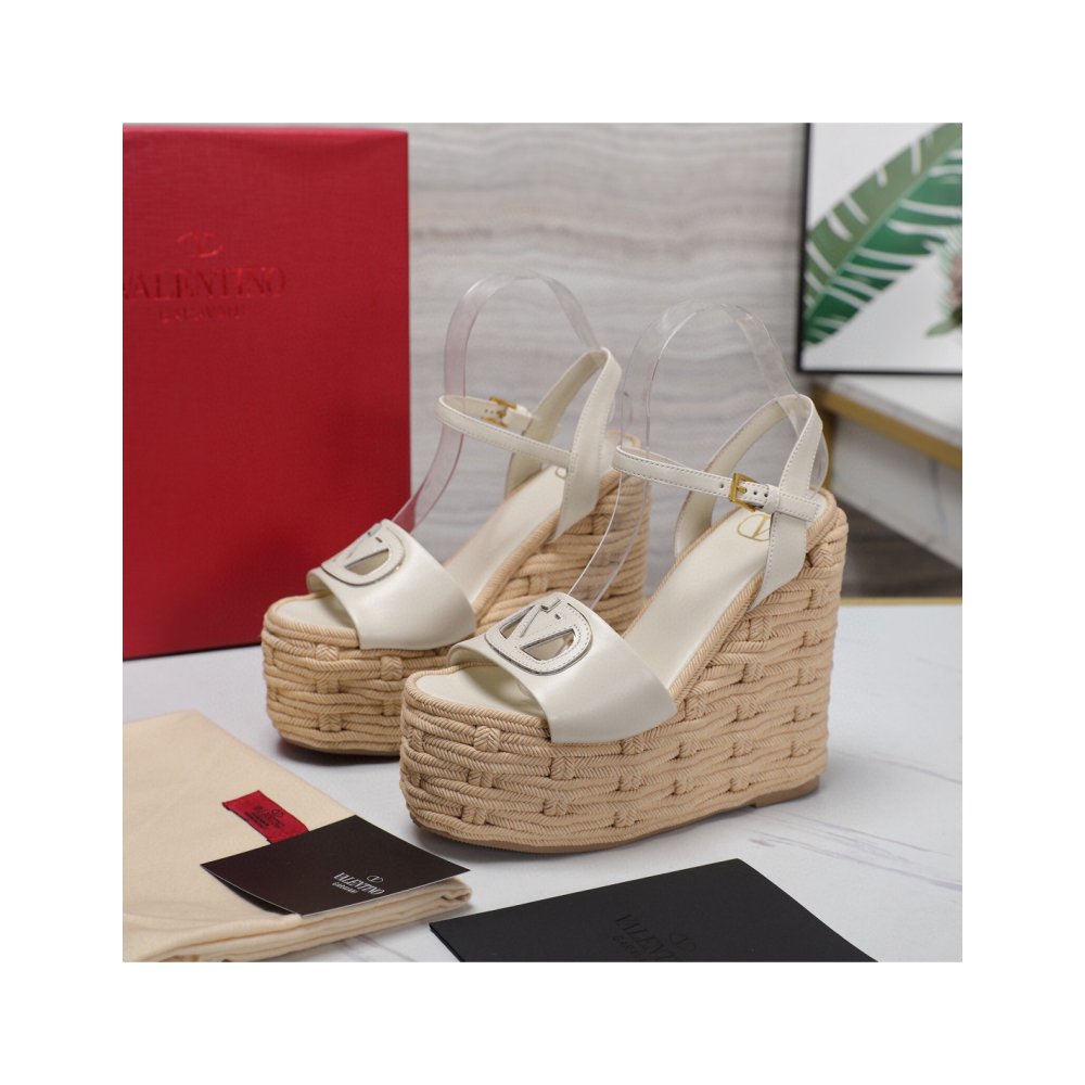 Cheap Reps Valentino VLogo Cut-out Espadrille Wedge Sandals in White Leather
