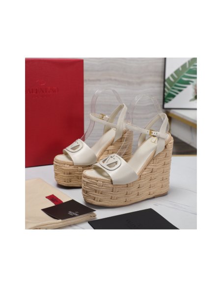 Cheap Reps Valentino VLogo Cut-out Espadrille Wedge Sandals in White Leather