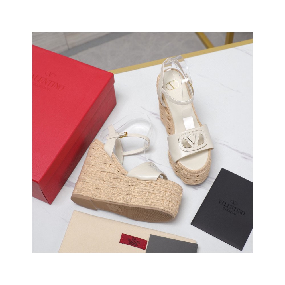 Cheap Reps Valentino VLogo Cut-out Espadrille Wedge Sandals in White Leather