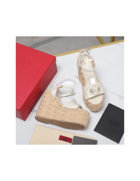 Cheap Reps Valentino VLogo Cut-out Espadrille Wedge Sandals in White Leather