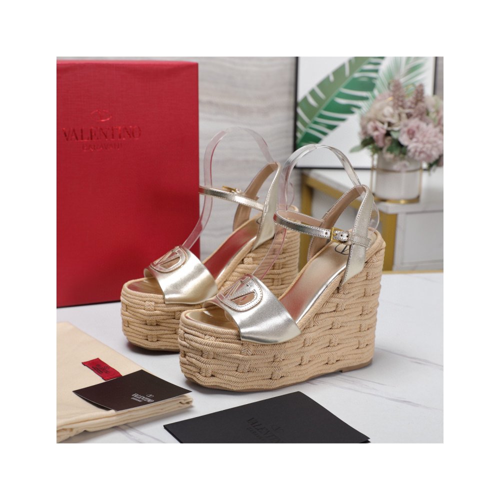 Cheap Reps Valentino VLogo Cut-out Espadrille Wedge Sandals in Gold Metallic Leather