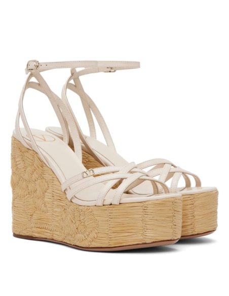Cheap Reps Valentino Raflower Wedge Sandals in White Calfskin