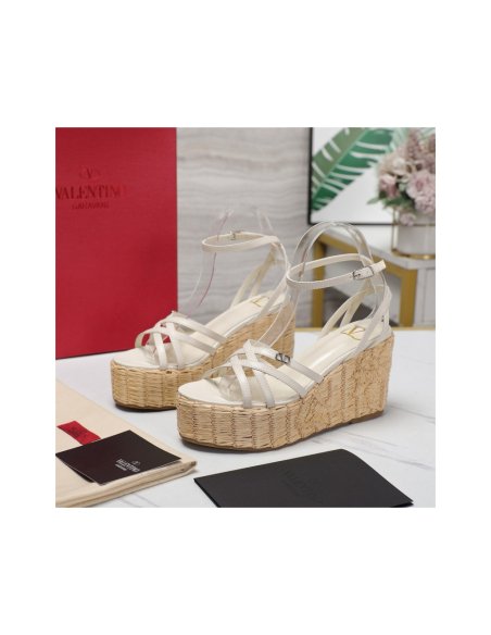 Cheap Reps Valentino Raflower Wedge Sandals in White Calfskin