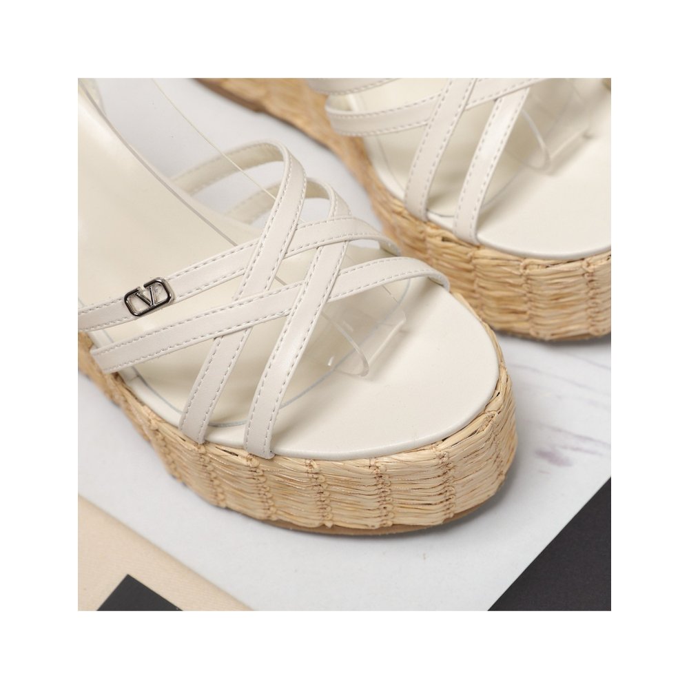 Cheap Reps Valentino Raflower Wedge Sandals in White Calfskin