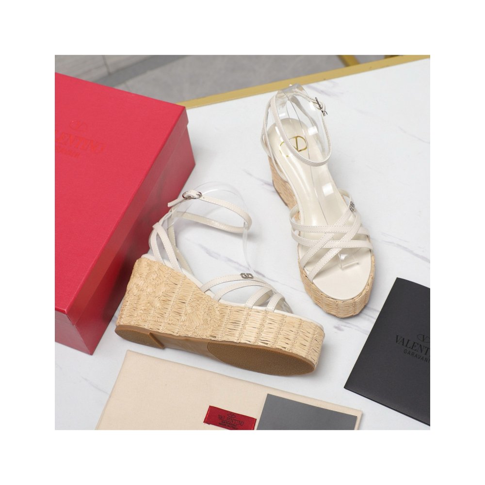Cheap Reps Valentino Raflower Wedge Sandals in White Calfskin