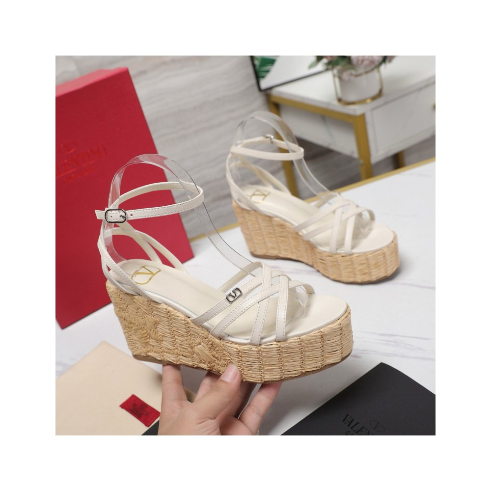 Cheap Reps Valentino Raflower Wedge Sandals in White Calfskin