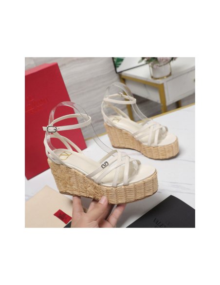 Cheap Reps Valentino Raflower Wedge Sandals in White Calfskin