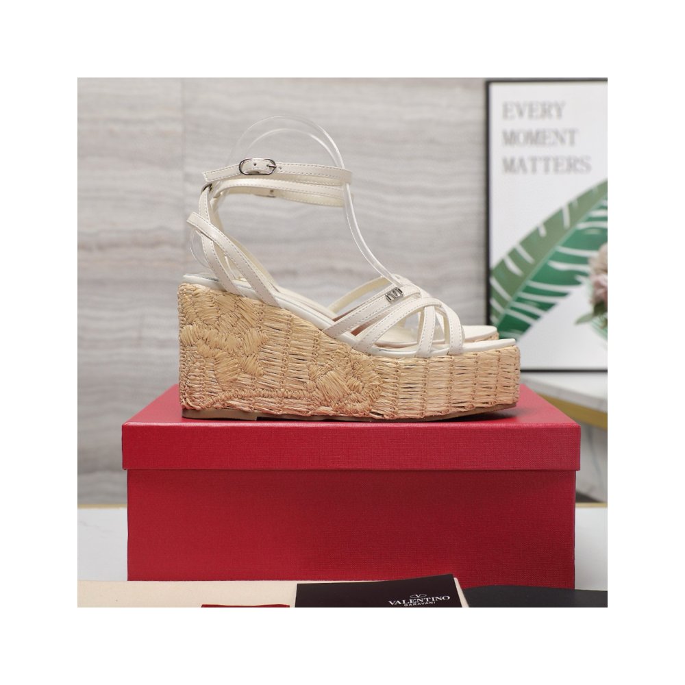 Cheap Reps Valentino Raflower Wedge Sandals in White Calfskin