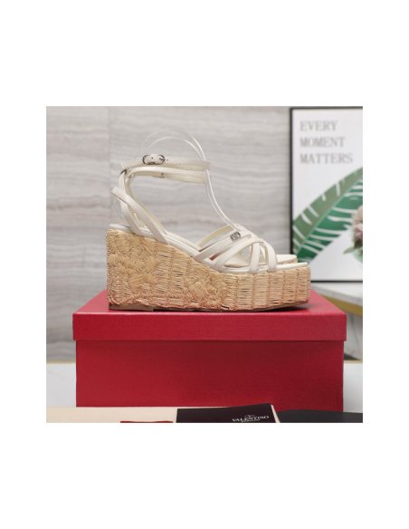 Cheap Reps Valentino Raflower Wedge Sandals in White Calfskin