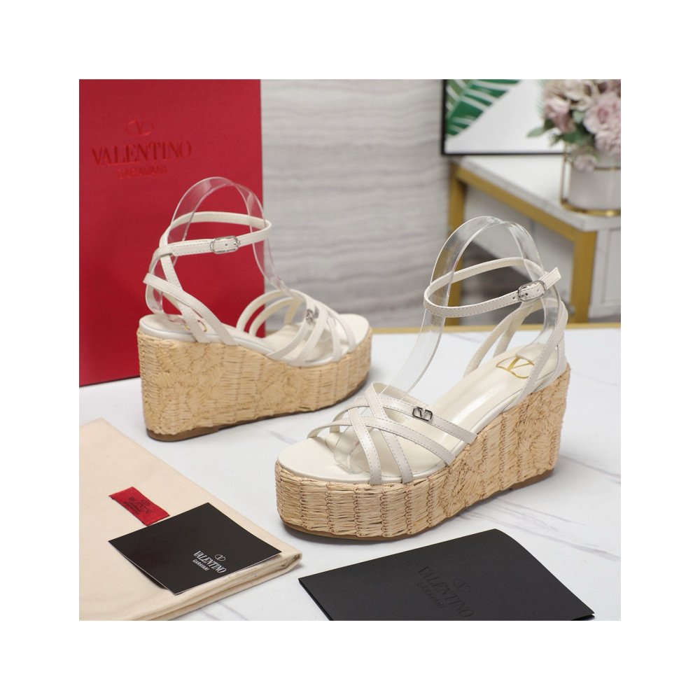 Cheap Reps Valentino Raflower Wedge Sandals in White Calfskin