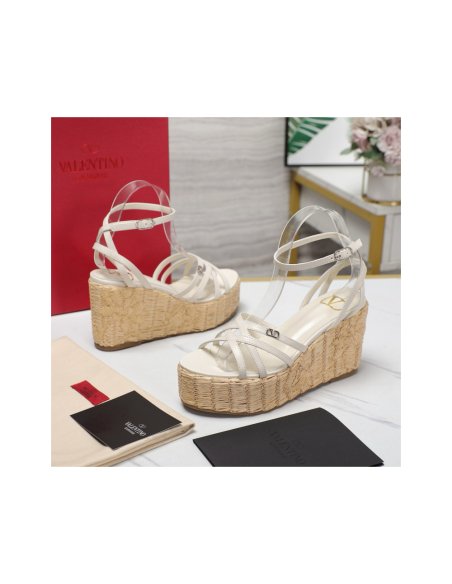Cheap Reps Valentino Raflower Wedge Sandals in White Calfskin