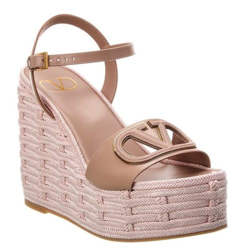 Cheap Reps Valentino VLogo Cut-out Espadrille Wedge Sandals in Beige Leather