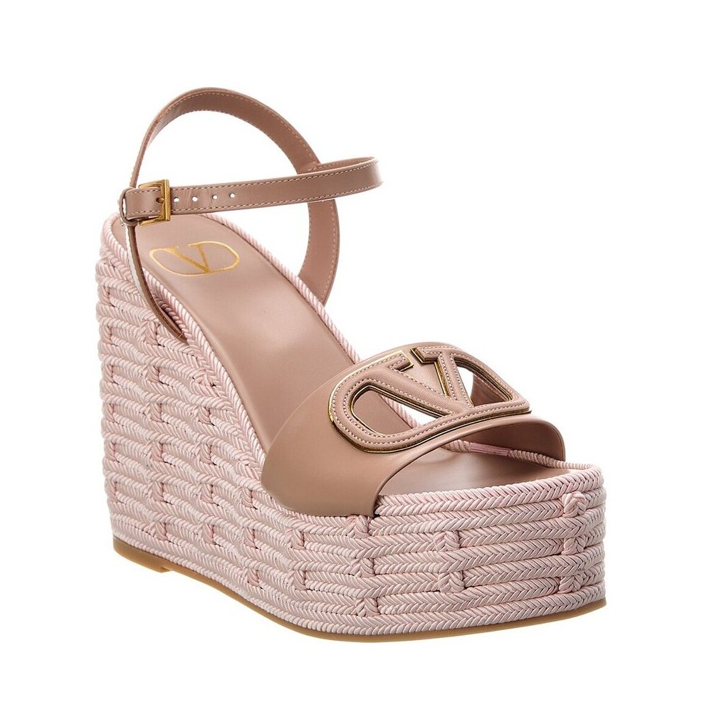 Cheap Reps Valentino VLogo Cut-out Espadrille Wedge Sandals in Beige Leather