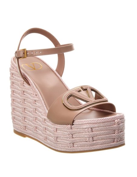 Cheap Reps Valentino VLogo Cut-out Espadrille Wedge Sandals in Beige Leather