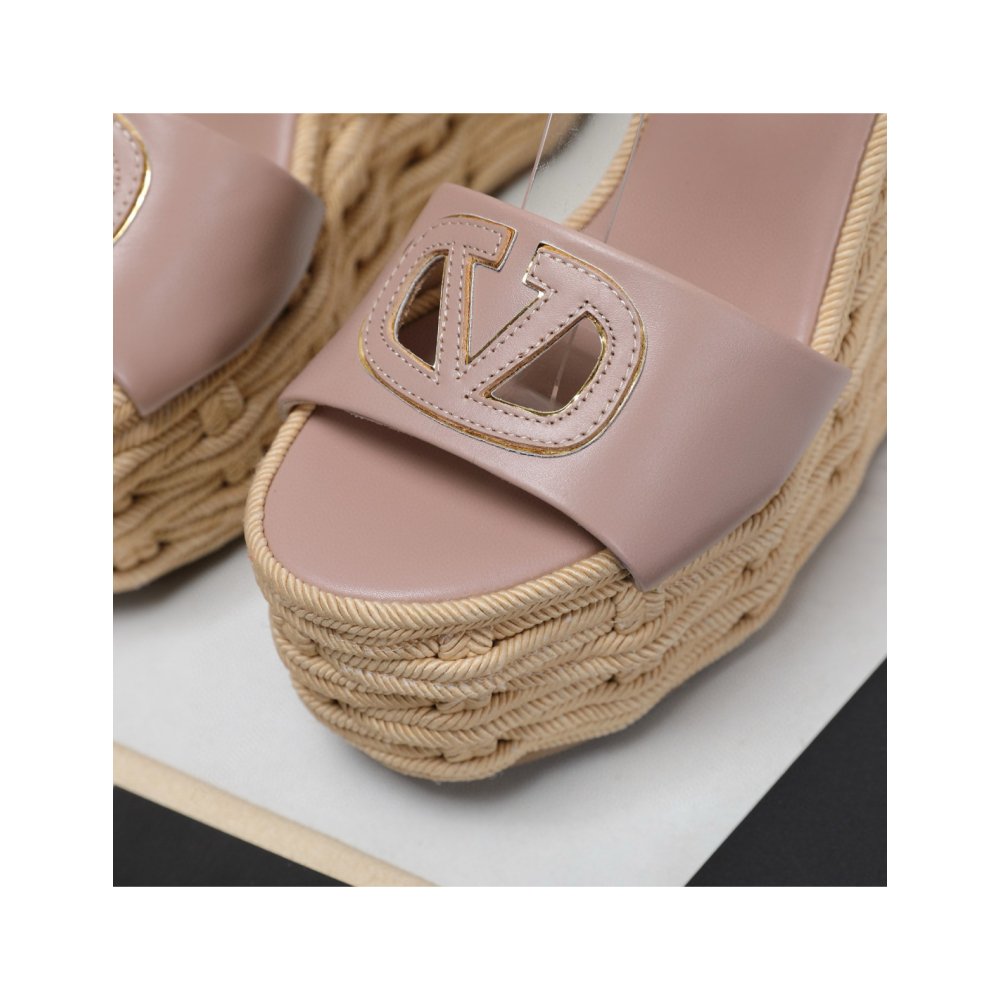Cheap Reps Valentino VLogo Cut-out Espadrille Wedge Sandals in Beige Leather