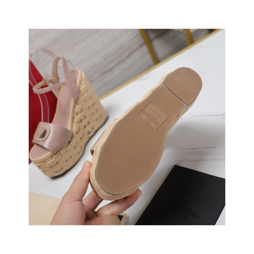 Cheap Reps Valentino VLogo Cut-out Espadrille Wedge Sandals in Beige Leather