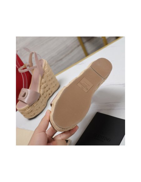 Cheap Reps Valentino VLogo Cut-out Espadrille Wedge Sandals in Beige Leather