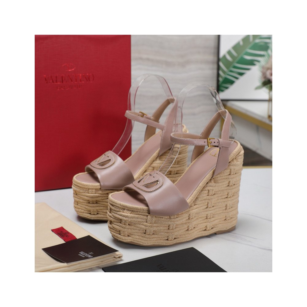 Cheap Reps Valentino VLogo Cut-out Espadrille Wedge Sandals in Beige Leather